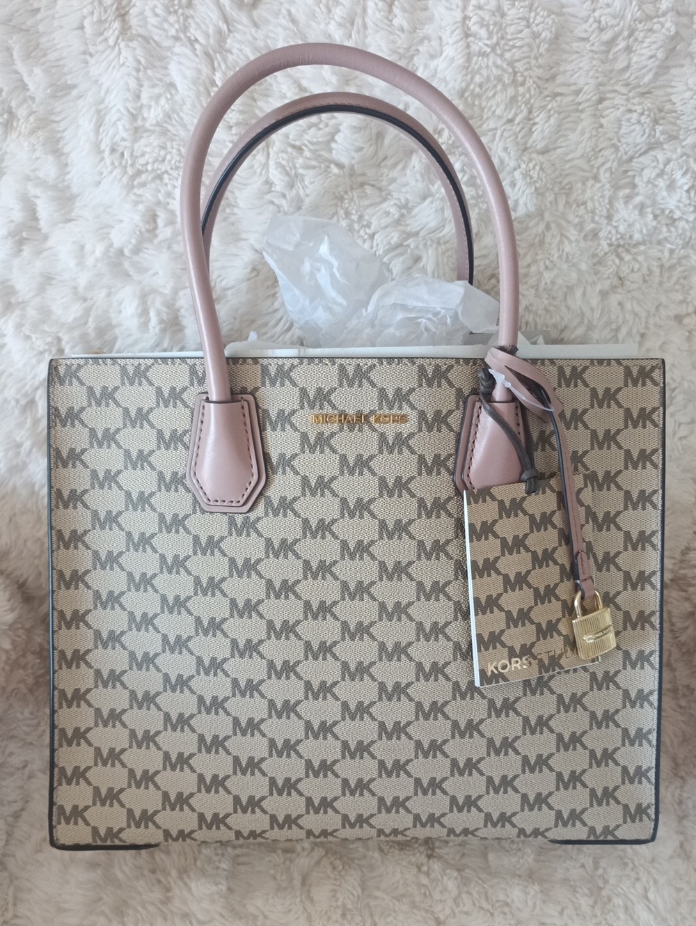 Michael Kors Beige MK Logo Tote with  Fawn Trim Medium NWT